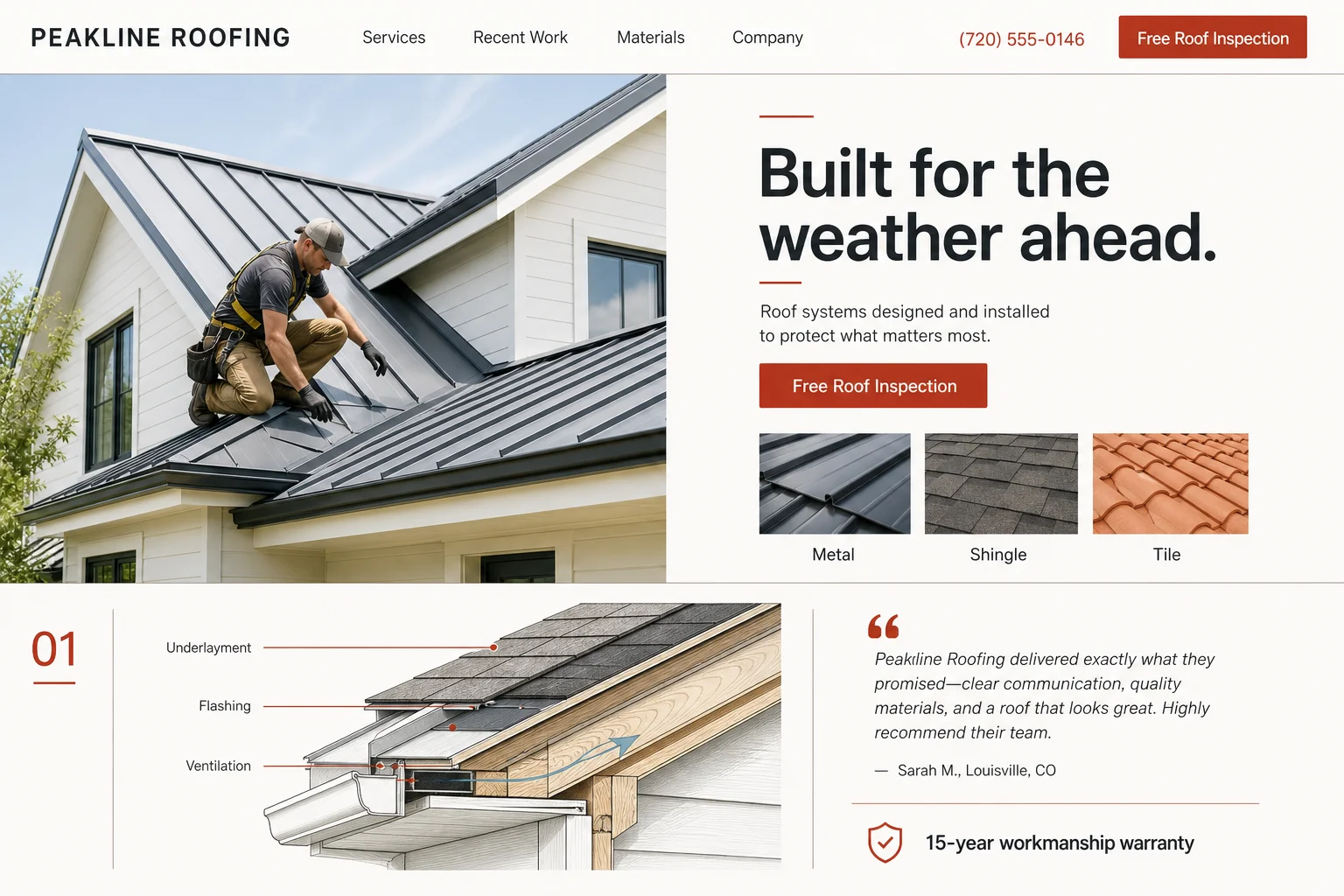 Custom website concept for a roofing business